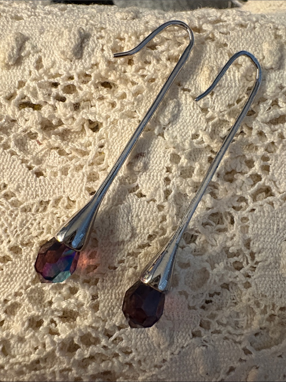 Sterling Silver Teardrop Hook Earrings with 
Dark purple redish Aurora Borealis.
